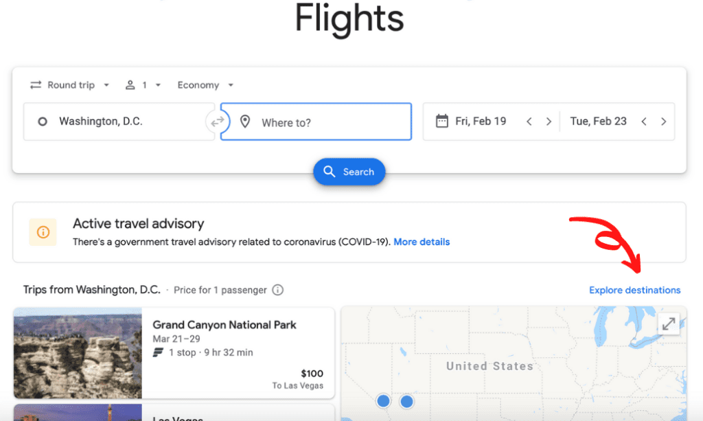Explore Destinations Option of Google Flights