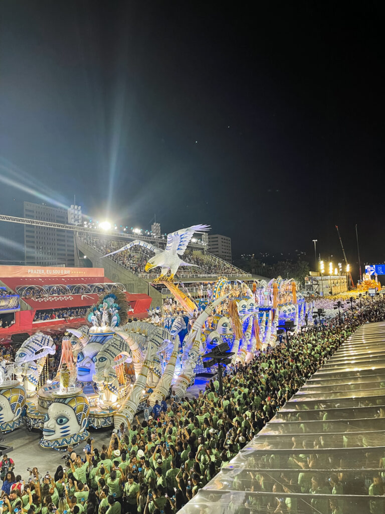 Huge bird and animal Sambadrome float during the Carnival parade in Rio