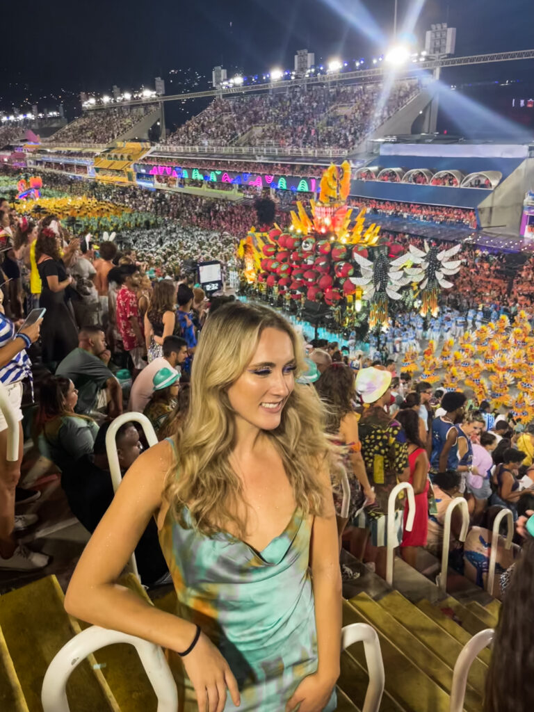 Tourist view in Grandstand of Sambadrome Carnival parade in Rio de Janeiro Brazil
