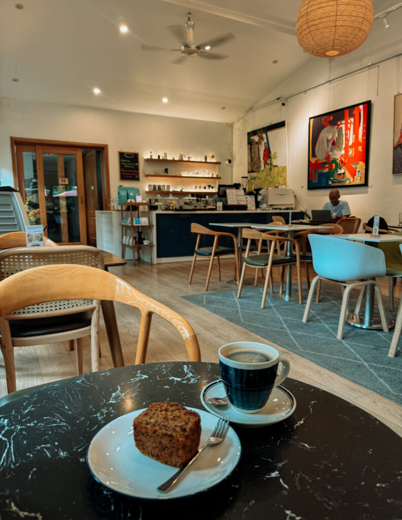 Coffee and banana bread in cafe