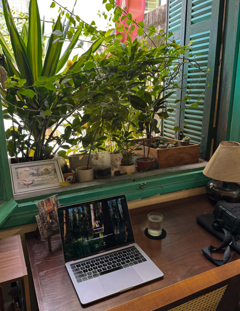 Laptop surrounded by plants in cafe of Hanoi Vietnam