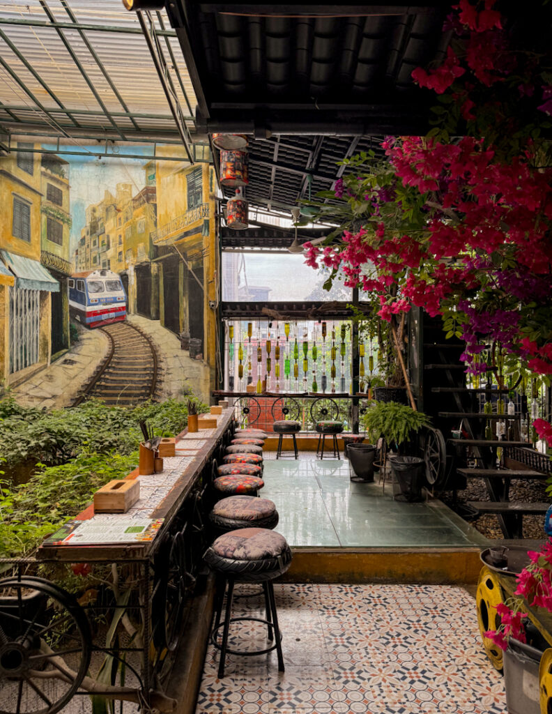 Inside Hidden Gem Cafe in Hanoi Vietnam with upcycled decor